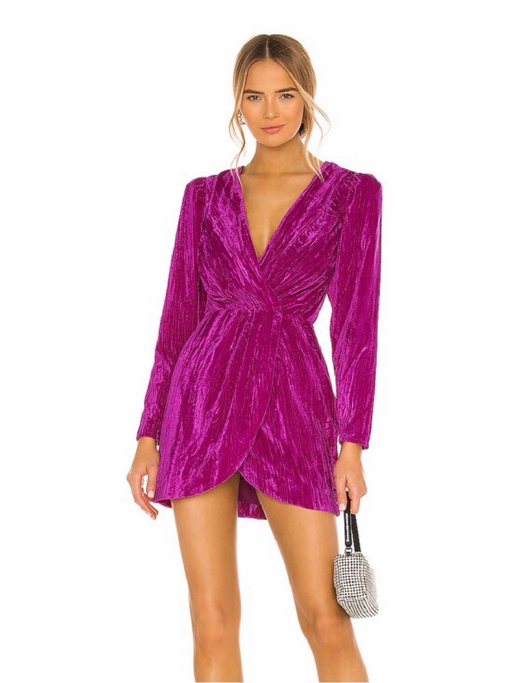 Lovers and Friends Cace Velvet Long Sleeve Wrap Mini Magenta Pink